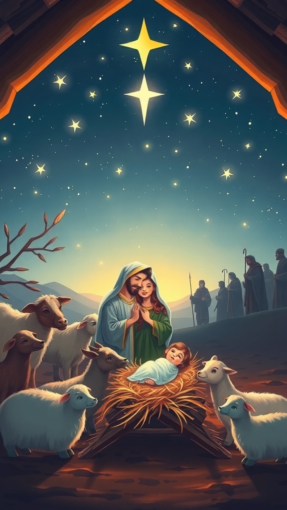 A serene manger scene with Mary, Joseph, and baby Jesus, surrounded by animals and a starry sky, symbolizing the birth of Christ.